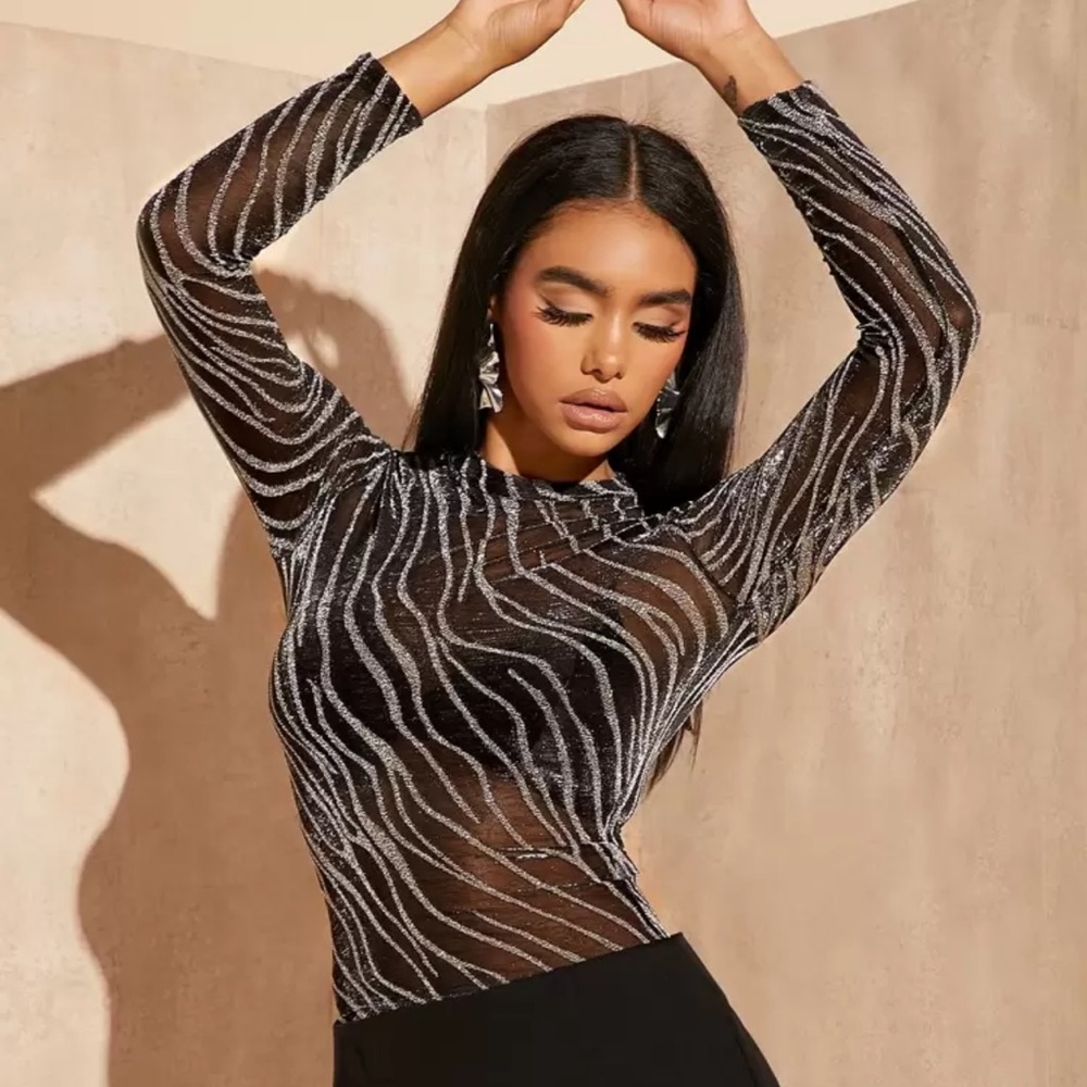 Sheer Lettuce Trim Black and Silver Glitter Print Stand Collar Top